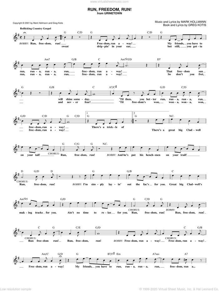 Run, Freedom, Run! sheet music for voice and other instruments (fake book) by Urinetown (Musical), Greg Kotis and Mark Hollmann, intermediate skill level