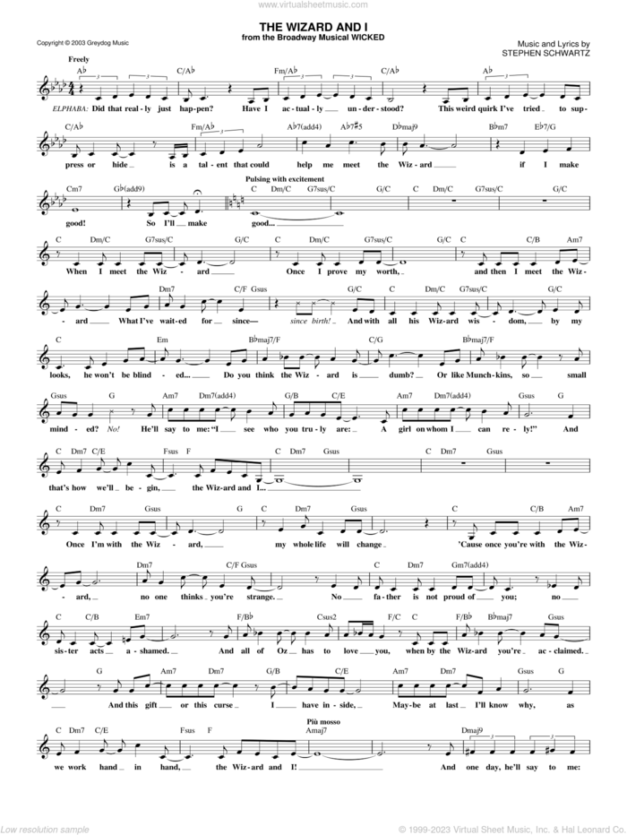 The Wizard And I (from Wicked) sheet music for voice and other instruments (fake book) by Stephen Schwartz and Wicked (Musical), intermediate skill level