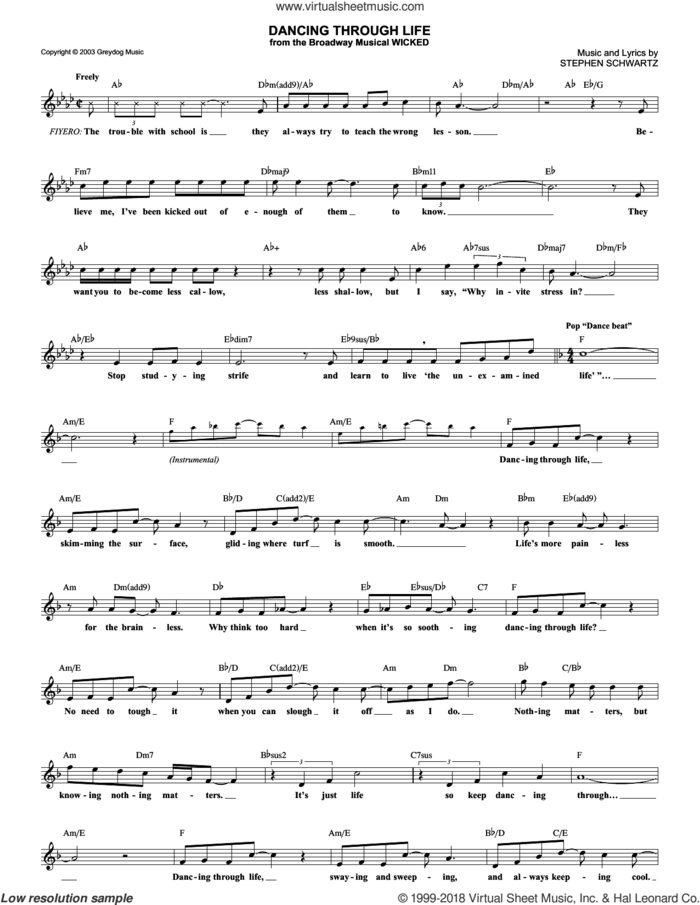 Dancing Through Life (from Wicked) sheet music for voice and other instruments (fake book) by Stephen Schwartz and Wicked (Musical), intermediate skill level