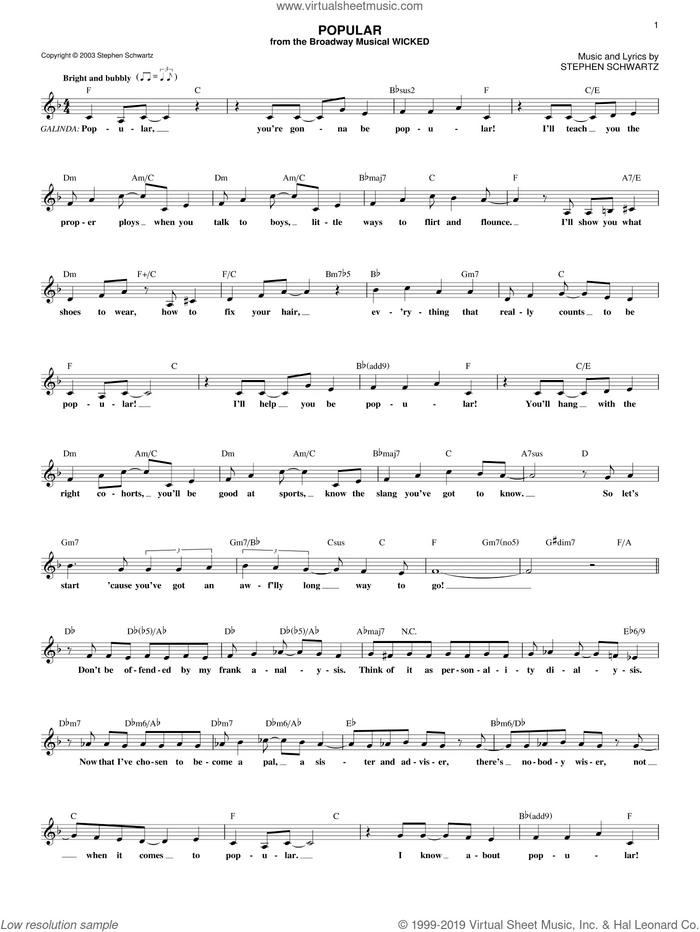 Popular (from Wicked) sheet music for voice and other instruments (fake book) by Stephen Schwartz and Wicked (Musical), intermediate skill level