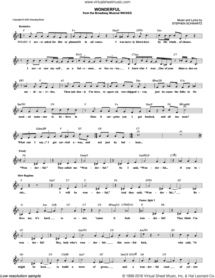 Wonderful (from Wicked) sheet music for voice and other instruments (fake book) by Stephen Schwartz and Wicked (Musical), intermediate skill level