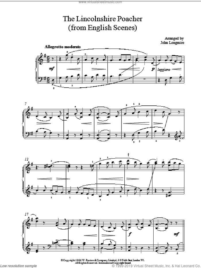 The Lincolnshire Poacher sheet music for piano solo by J. Longmire and J Longmire, intermediate skill level
