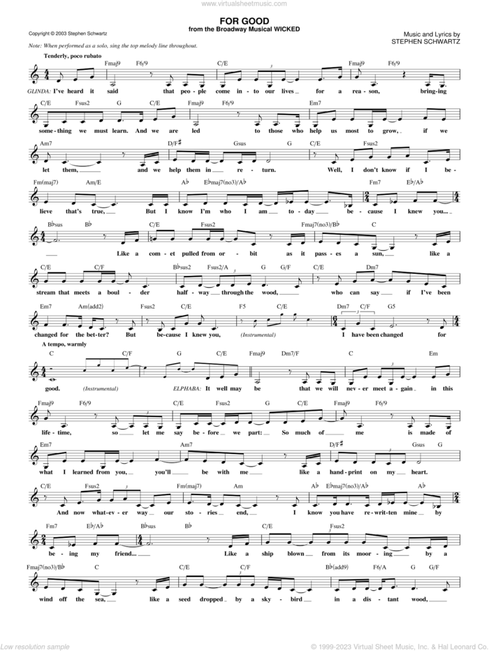 For Good (from Wicked) sheet music for voice and other instruments (fake book) by Stephen Schwartz and Wicked (Musical), intermediate skill level