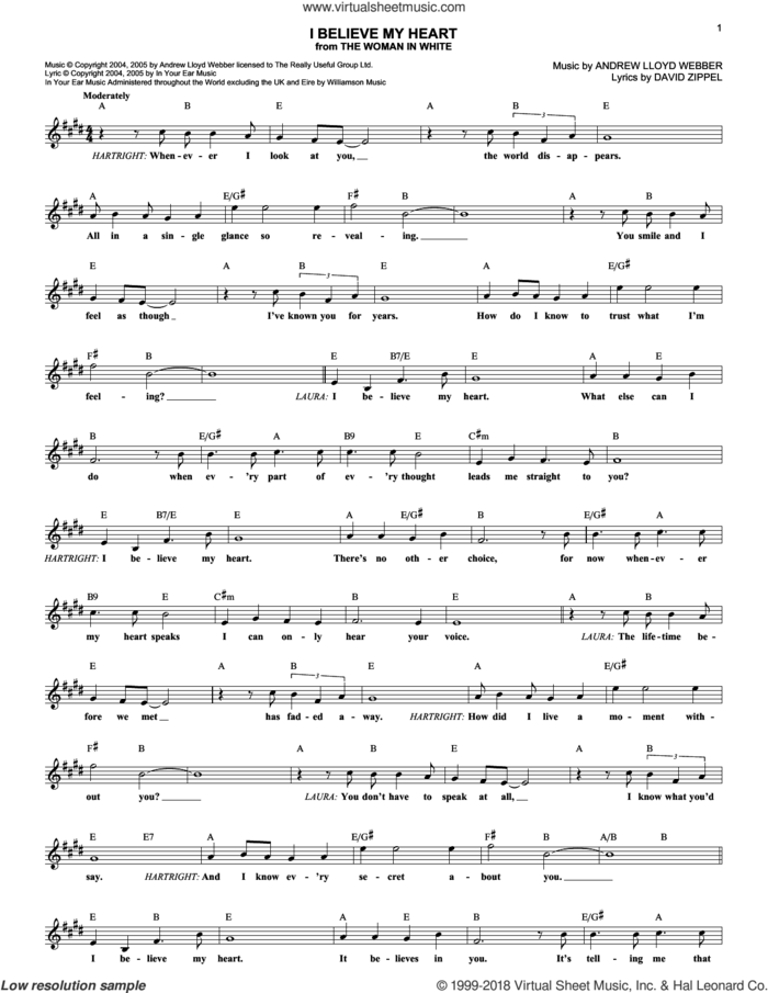 I Believe My Heart (from The Woman In White) sheet music for voice and other instruments (fake book) by Andrew Lloyd Webber, The Woman In White (Musical) and David Zippel, intermediate skill level