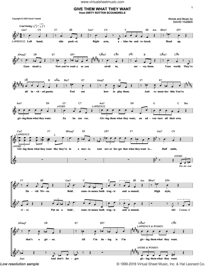 Give Them What They Want sheet music for voice and other instruments (fake book) by David Yazbek and Dirty Rotten Scoundrels (Musical), intermediate skill level