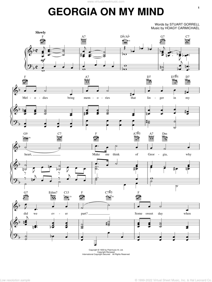 Georgia On My Mind sheet music for voice, piano or guitar by Ray Charles, Ray (Movie), Willie Nelson, Hoagy Carmichael and Stuart Gorrell, intermediate skill level