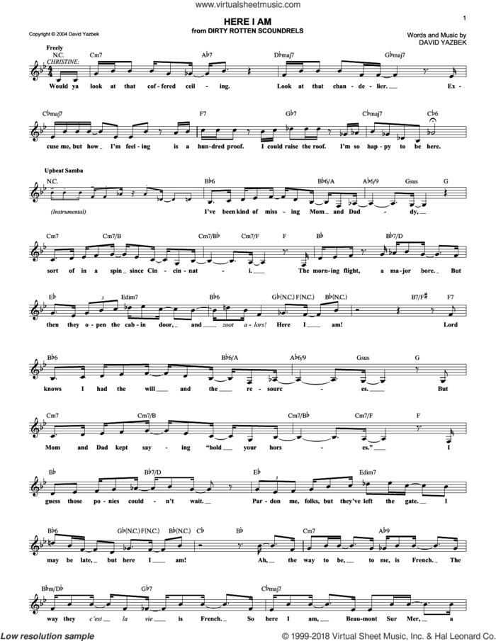 Here I Am sheet music for voice and other instruments (fake book) by David Yazbek and Dirty Rotten Scoundrels (Musical), intermediate skill level