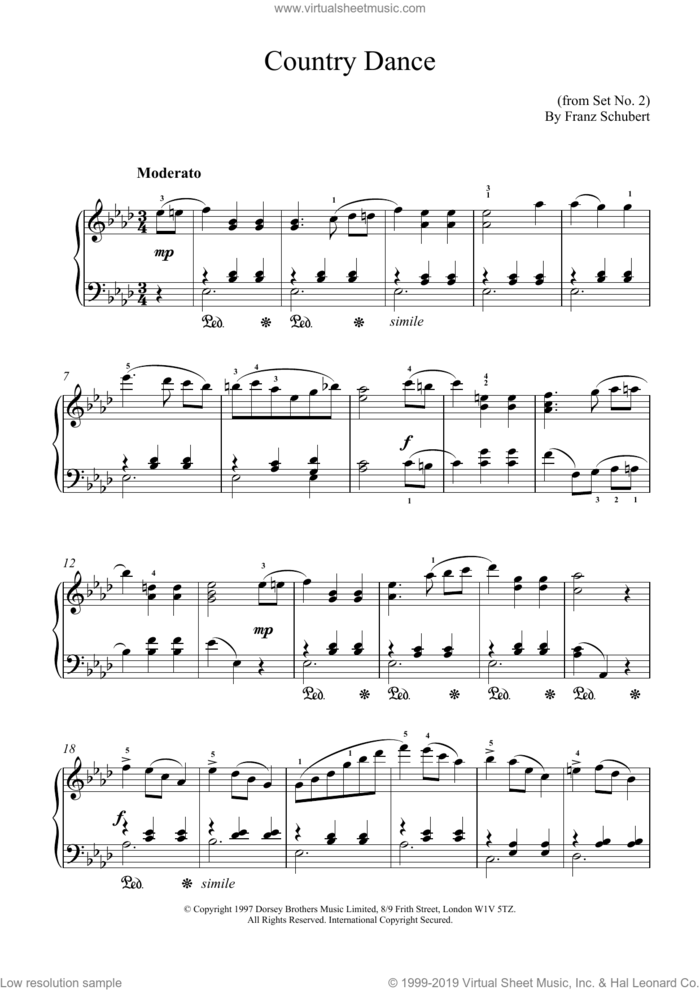 Country Dance sheet music for piano solo by Franz Schubert, classical score, intermediate skill level