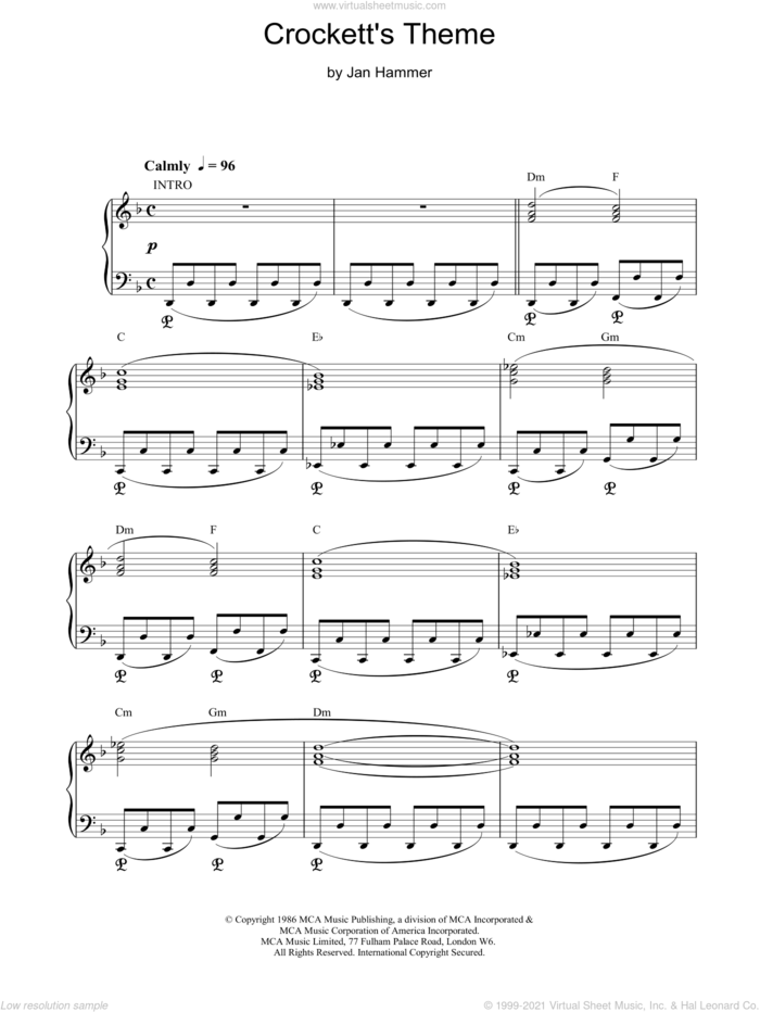 Crockett's Theme sheet music for piano solo by Jan Hammer, intermediate skill level