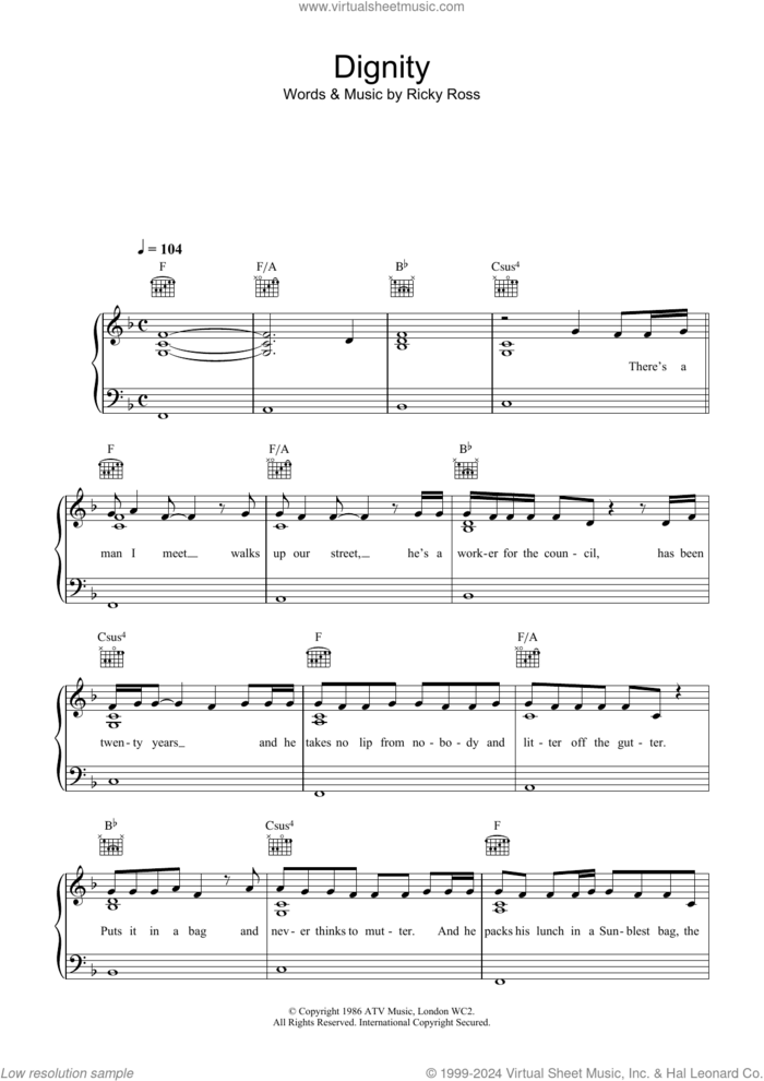 Dignity sheet music for voice, piano or guitar by Deacon Blue, Bob Dylan and Ricky Ross, intermediate skill level