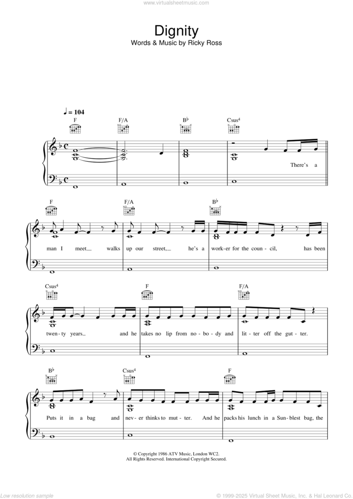 Dignity sheet music for piano solo by Deacon Blue, Bob Dylan and Ricky Ross, easy skill level