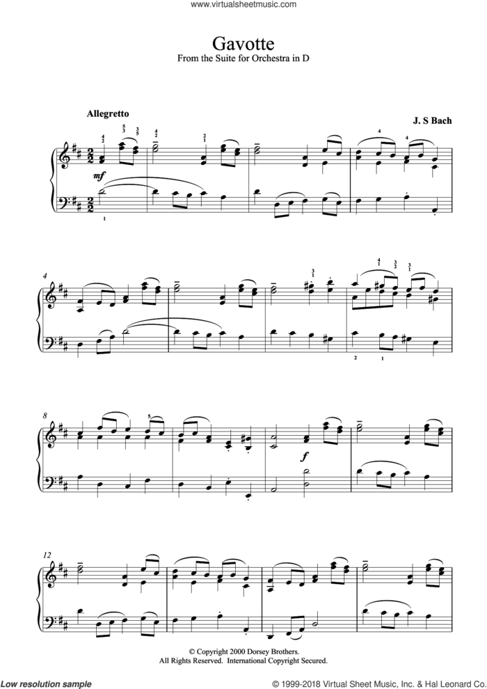 Gavotte (from the Suite for Orchestra in D) sheet music for piano solo by Johann Sebastian Bach, classical score, intermediate skill level