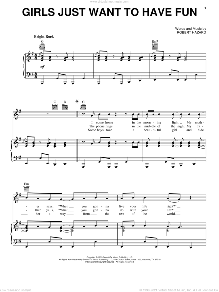 Girls Just Want To Have Fun sheet music for voice, piano or guitar by Cyndi Lauper and Robert Hazard, intermediate skill level