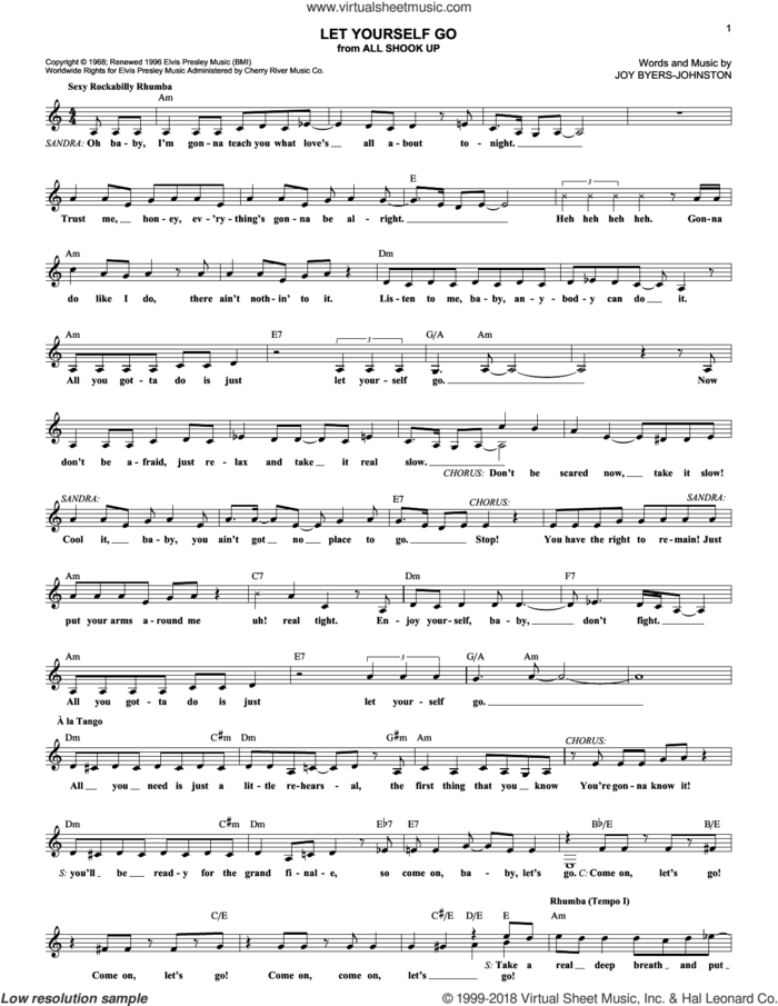 Let Yourself Go sheet music for voice and other instruments (fake book) by Elvis Presley, All Shook Up (Musical) and Joy Byers-Johnston, intermediate skill level