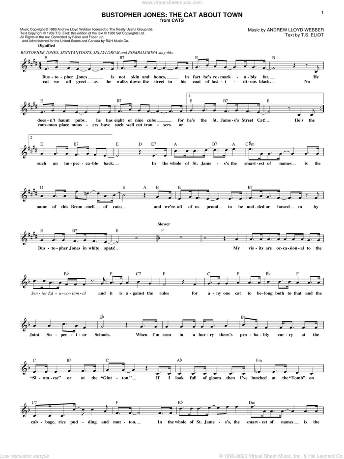 Bustopher Jones: The Cat About Town (from Cats) sheet music for voice and other instruments (fake book) by Andrew Lloyd Webber and Cats (Musical), intermediate skill level