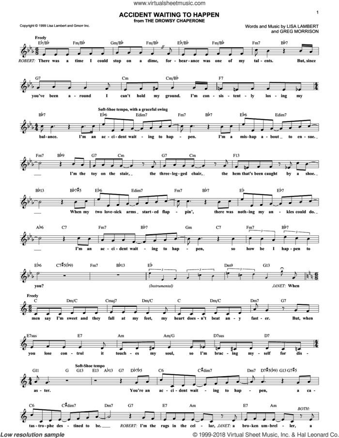 Accident Waiting To Happen sheet music for voice and other instruments (fake book) by Lisa Lambert, Drowsy Chaperone (Musical) and Greg Morrison, intermediate skill level