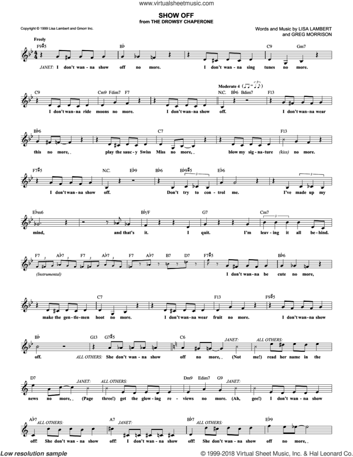 Show Off sheet music for voice and other instruments (fake book) by Lisa Lambert, Drowsy Chaperone (Musical) and Greg Morrison, intermediate skill level