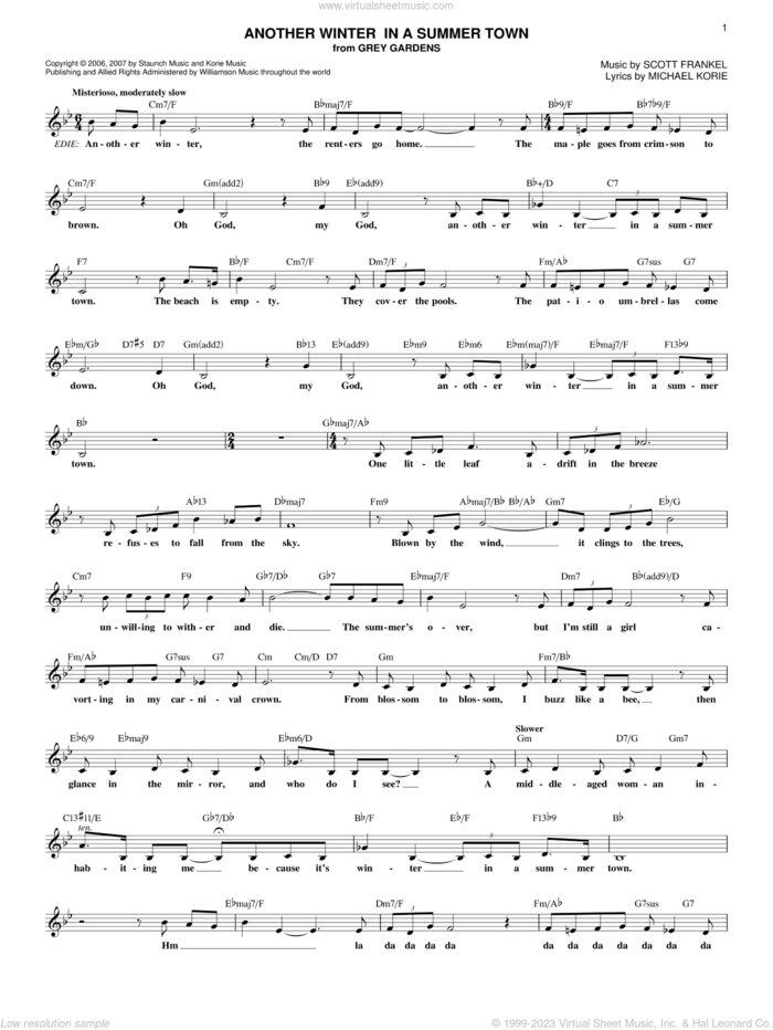 Another Winter In A Summer Town sheet music for voice and other instruments (fake book) by Michael Korie, Grey Gardens (Musical) and Scott Frankel, intermediate skill level