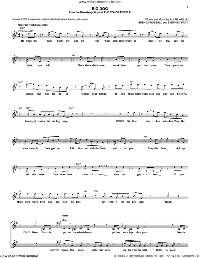 Big Dog sheet music for voice and other instruments (fake book) by The Color Purple (Musical), Allee Willis, Brenda Russell and Stephen Bray, intermediate skill level