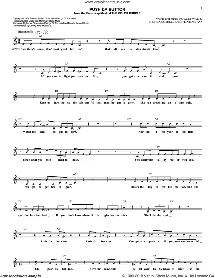 Push Da Button sheet music for voice and other instruments (fake book) by The Color Purple (Musical), Allee Willis, Brenda Russell and Stephen Bray, intermediate skill level