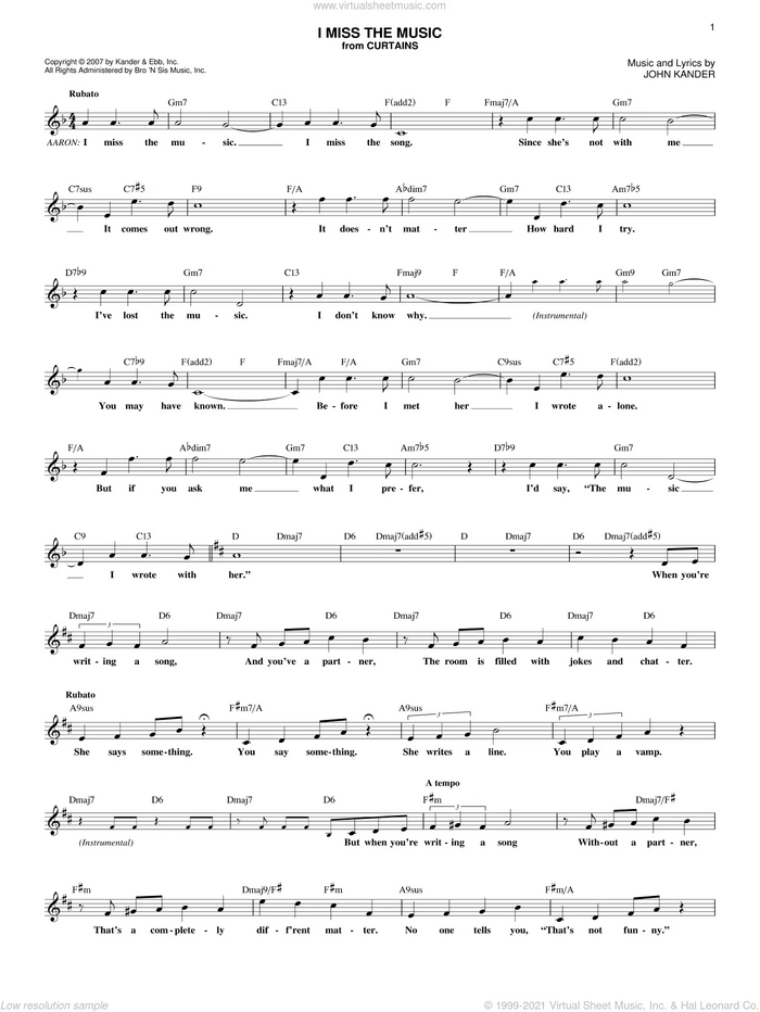 I Miss The Music sheet music for voice and other instruments (fake book) by John Kander, intermediate skill level
