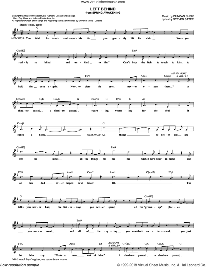 Left Behind sheet music for voice and other instruments (fake book) by Duncan Sheik, Spring Awakening (Musical) and Steven Sater, intermediate skill level