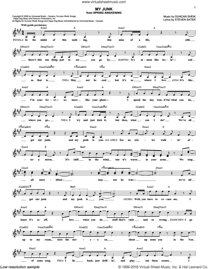 My Junk sheet music for voice and other instruments (fake book) by Duncan Sheik, Spring Awakening (Musical) and Steven Sater, intermediate skill level
