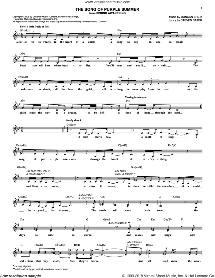 The Song Of Purple Summer sheet music for voice and other instruments (fake book) by Duncan Sheik, Spring Awakening (Musical) and Steven Sater, intermediate skill level