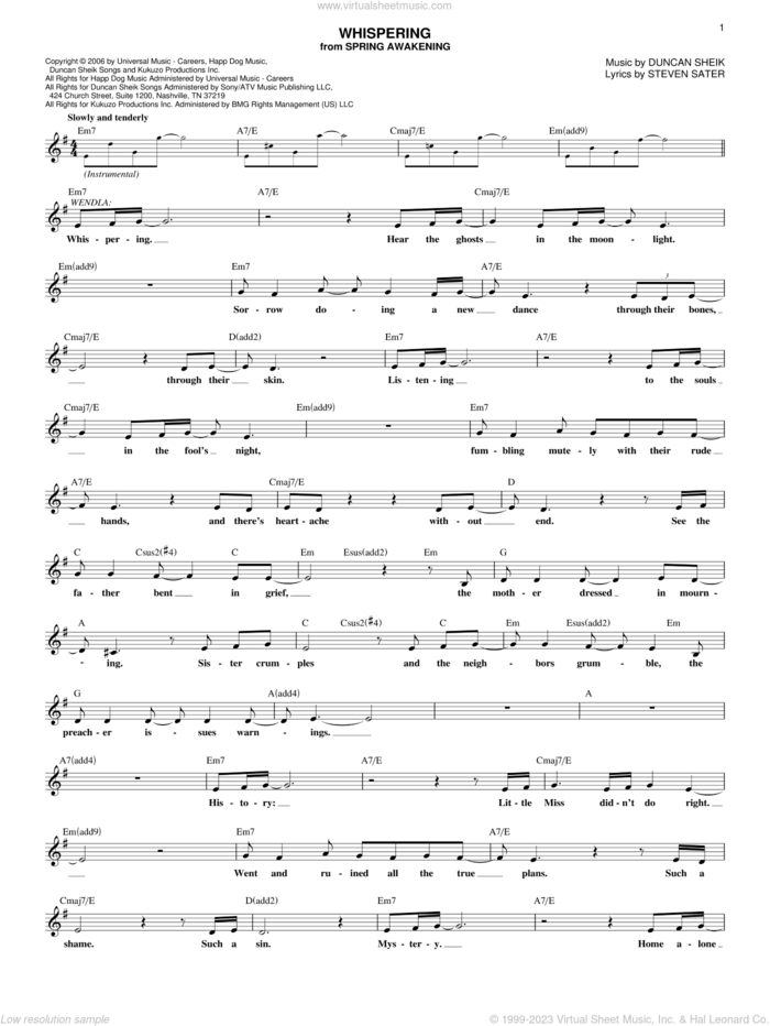 Whispering sheet music for voice and other instruments (fake book) by Duncan Sheik, Spring Awakening (Musical) and Steven Sater, intermediate skill level