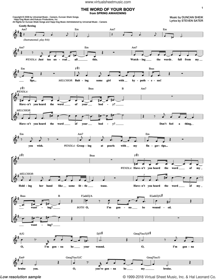 The Word Of Your Body sheet music for voice and other instruments (fake book) by Duncan Sheik, Spring Awakening (Musical) and Steven Sater, intermediate skill level