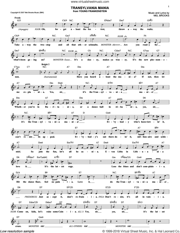 Transylvania Mania sheet music for voice and other instruments (fake book) by Mel Brooks and Young Frankenstein (Musical), intermediate skill level