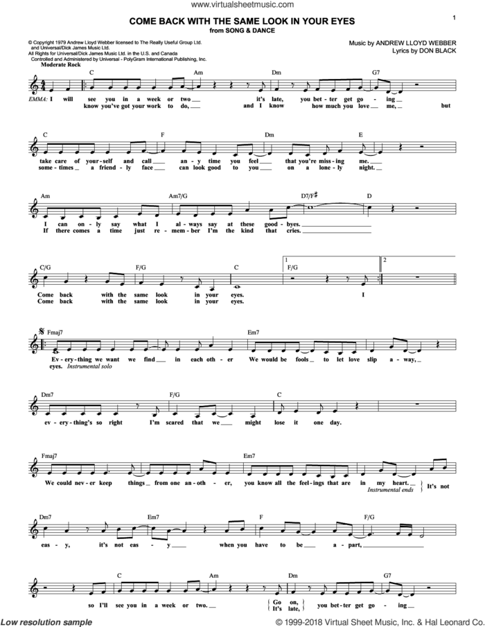 Come Back With The Same Look In Your Eyes sheet music for voice and other instruments (fake book) by Andrew Lloyd Webber, Song And Dance (Musical) and Don Black, intermediate skill level