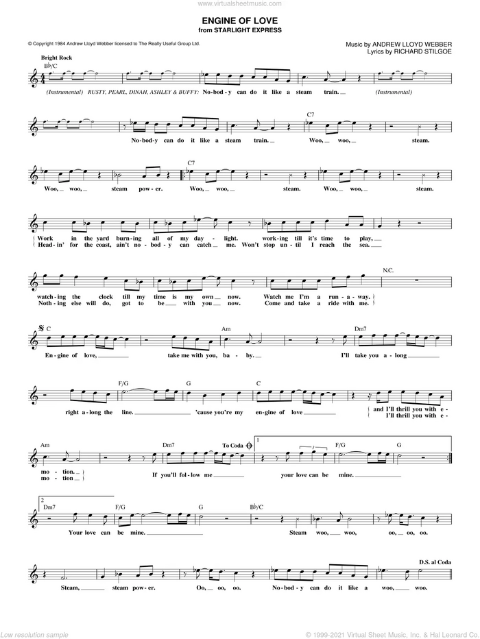 Engine Of Love sheet music for voice and other instruments (fake book) by Andrew Lloyd Webber, Starlight Express (Musical) and Richard Stilgoe, intermediate skill level