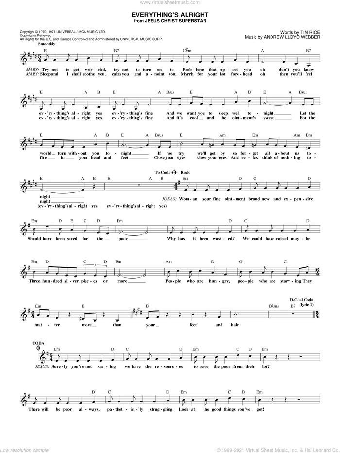 Everything's Alright (from Jesus Christ Superstar) sheet music for voice and other instruments (fake book) by Andrew Lloyd Webber, Jesus Christ Superstar (Musical) and Yvonne Elliman, intermediate skill level