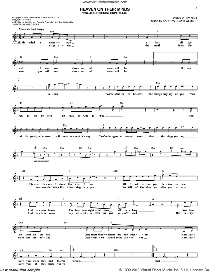 Heaven On Their Minds sheet music for voice and other instruments (fake book) by Andrew Lloyd Webber, Jesus Christ Superstar (Musical) and Tim Rice, intermediate skill level
