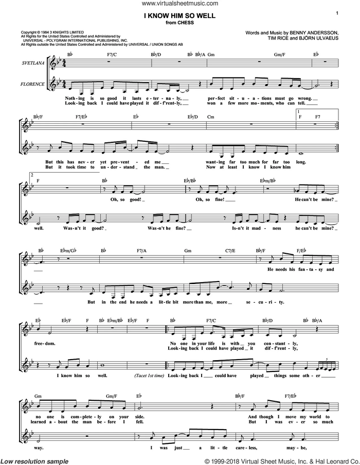 I Know Him So Well (from Chess) sheet music for voice and other instruments (fake book) by Tim Rice, Chess (Musical), Benny Andersson, Benny Andersson, Tim Rice and Bjorn Ulvaeus and Bjorn Ulvaeus, intermediate skill level