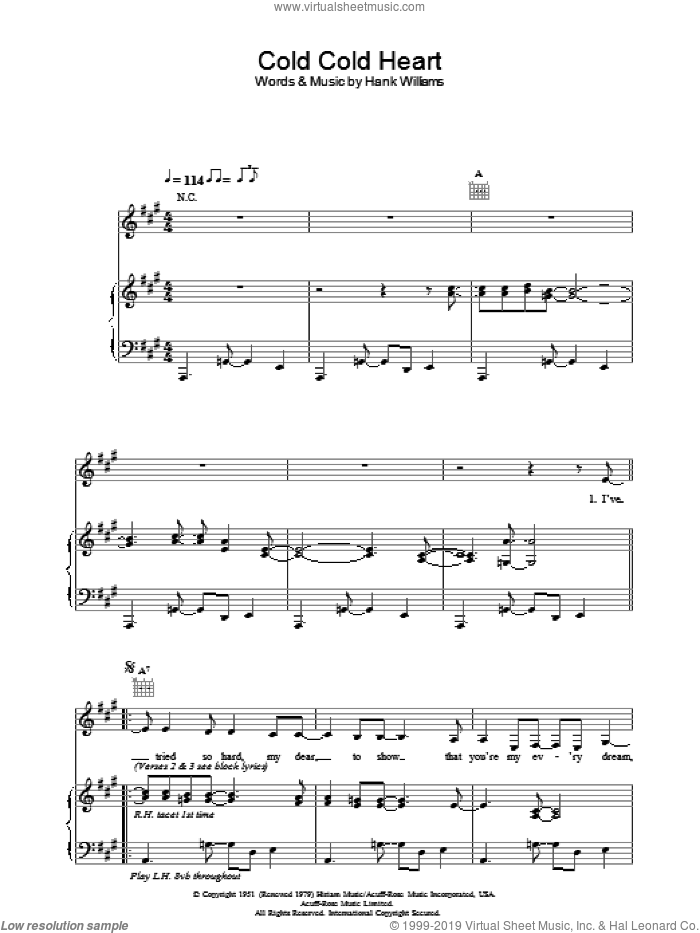 Cold Cold Heart sheet music for voice, piano or guitar by Norah Jones and Henry Hank Williamss, intermediate skill level
