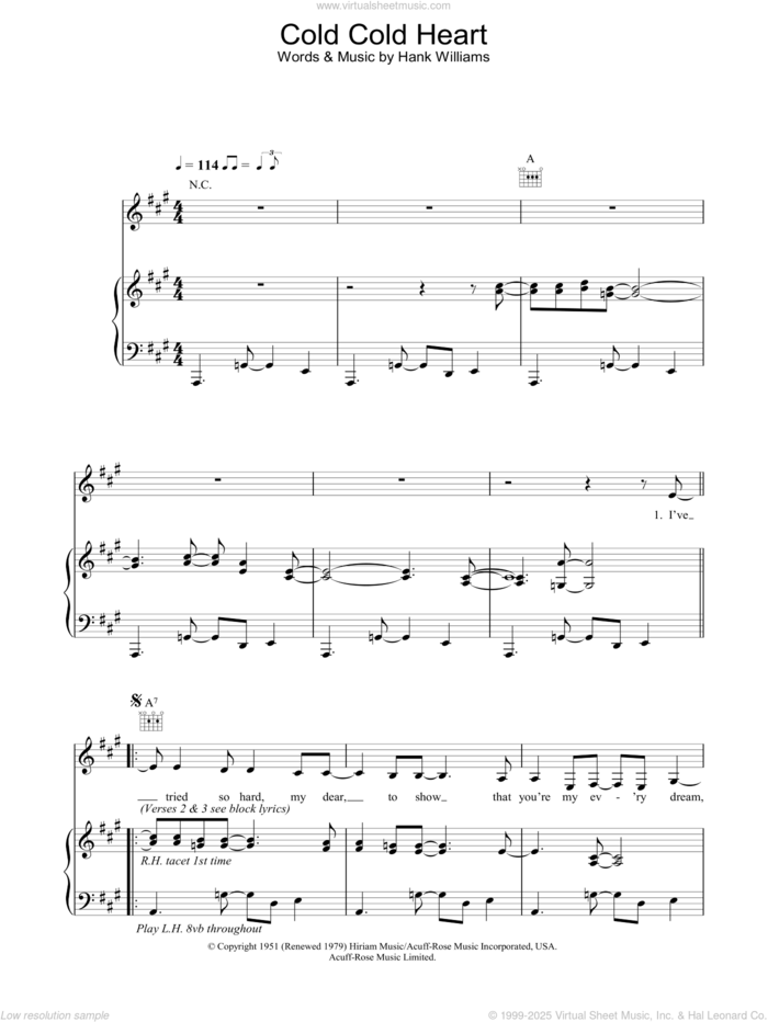 Cold Cold Heart sheet music for voice, piano or guitar by Norah Jones and Henry Hank Williamss, intermediate skill level