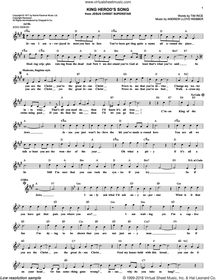 King Herod's Song sheet music for voice and other instruments (fake book) by Andrew Lloyd Webber, Jesus Christ Superstar (Musical) and Tim Rice, intermediate skill level