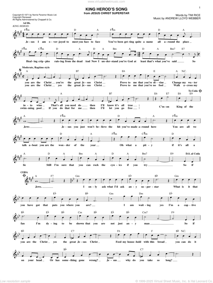 King Herod's Song sheet music for voice and other instruments (fake book) by Andrew Lloyd Webber, Jesus Christ Superstar (Musical) and Tim Rice, intermediate skill level