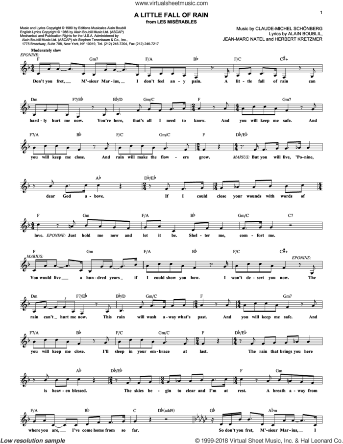 A Little Fall Of Rain sheet music for voice and other instruments (fake book) by Alain Boublil, Les Miserables (Musical), Claude-Michel Schonberg, Herbert Kretzmer and Jean-Marc Natel, intermediate skill level