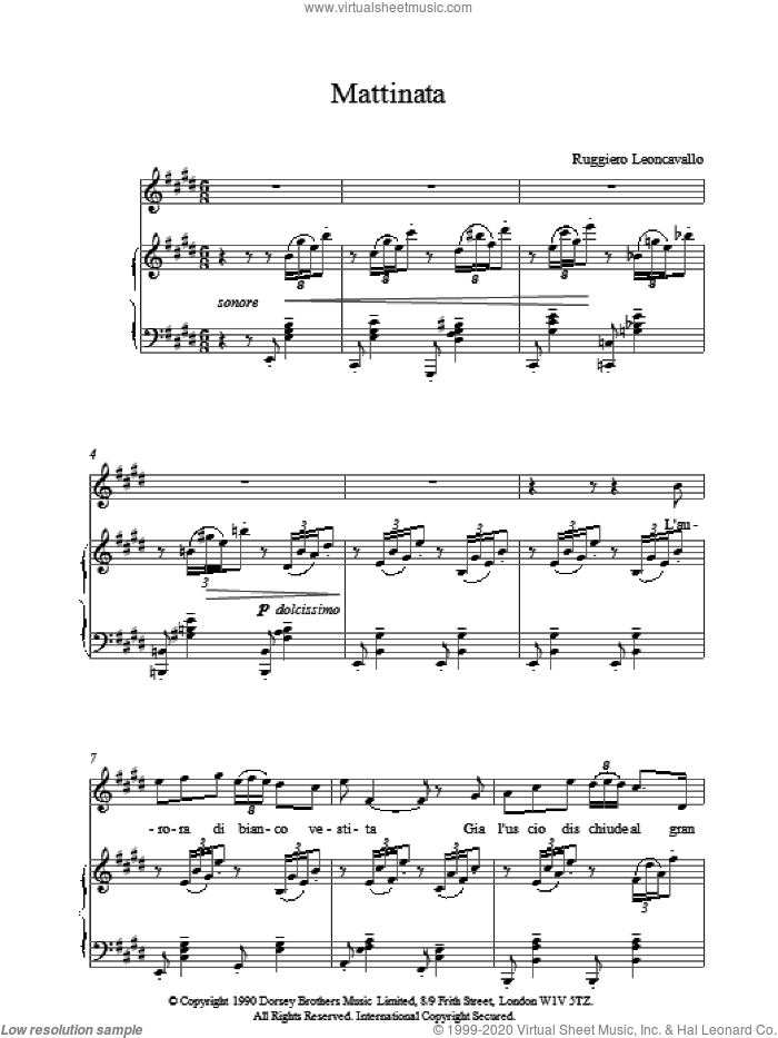 Mattinata sheet music for voice, piano or guitar by Ruggero Leoncavallo, classical score, intermediate skill level