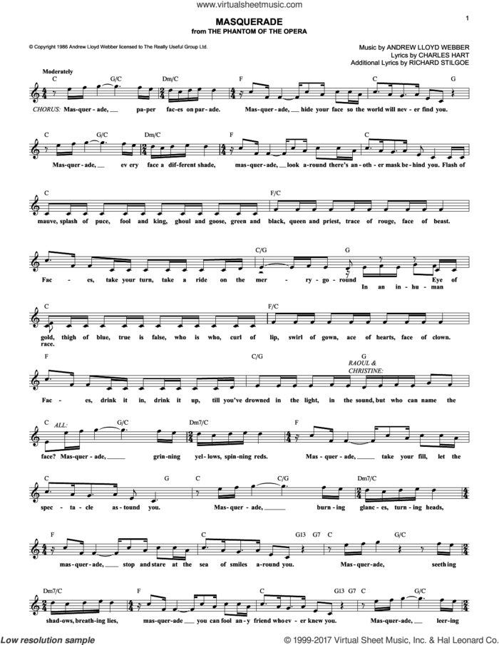 Masquerade (from The Phantom Of The Opera) sheet music for voice and other instruments (fake book) by Andrew Lloyd Webber, The Phantom Of The Opera (Musical), Charles Hart and Richard Stilgoe, intermediate skill level