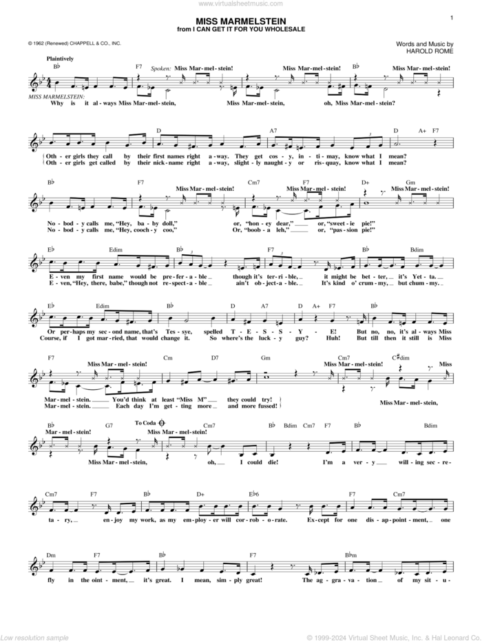 Miss Marmelstein sheet music for voice and other instruments (fake book) by Harold Rome, intermediate skill level