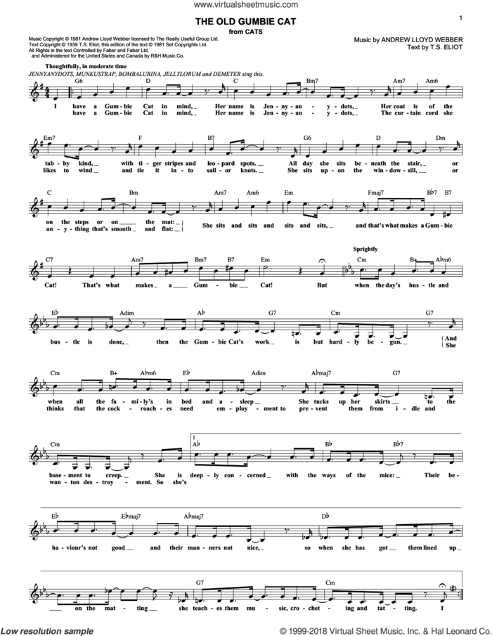 The Old Gumbie Cat (from Cats) sheet music for voice and other instruments (fake book) by Andrew Lloyd Webber, Cats (Musical) and T.S. Eliot, intermediate skill level