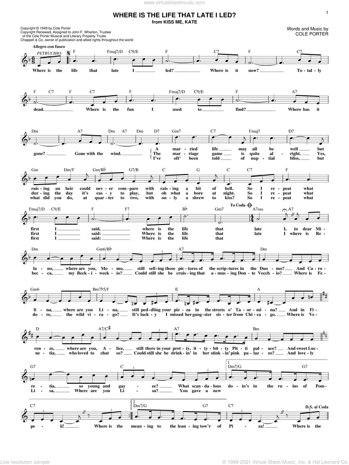 Where Is The Life That Late I Led? (from Kiss Me, Kate) sheet music for voice and other instruments (fake book) by Cole Porter and Kiss Me, Kate (Musical), intermediate skill level