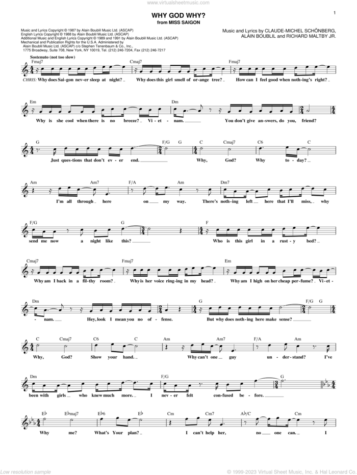 Why God Why? sheet music for voice and other instruments (fake book) by Claude-Michel Schonberg, Miss Saigon (Musical), Alain Boublil and Richard Maltby, Jr., intermediate skill level
