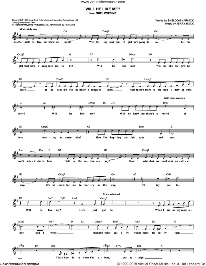 Will He Like Me? sheet music for voice and other instruments (fake book) by Bock & Harnick, Jerry Bock and Sheldon Harnick, intermediate skill level
