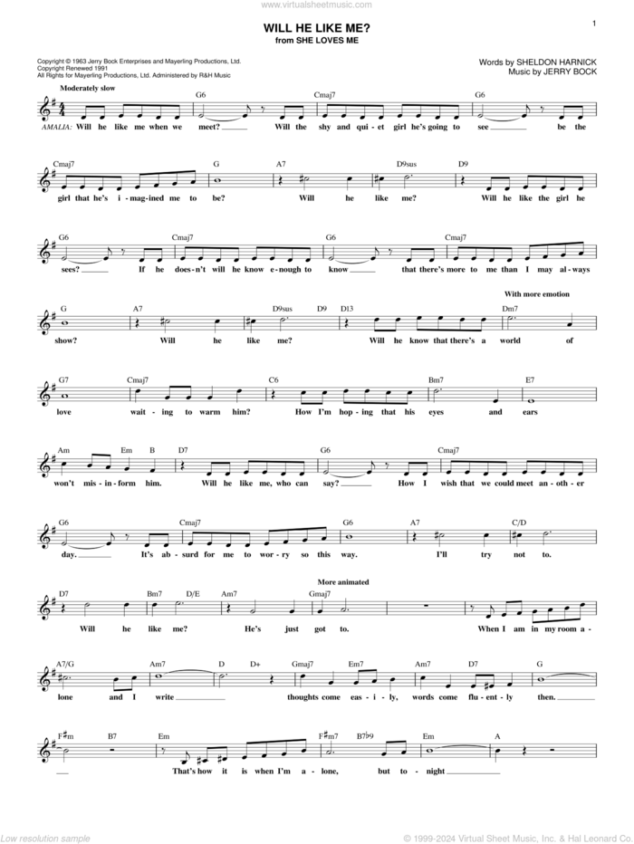 Will He Like Me? sheet music for voice and other instruments (fake book) by Bock & Harnick, Jerry Bock and Sheldon Harnick, intermediate skill level