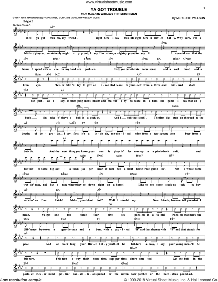 Ya Got Trouble sheet music for voice and other instruments (fake book) by Meredith Willson and The Music Man (Musical), intermediate skill level